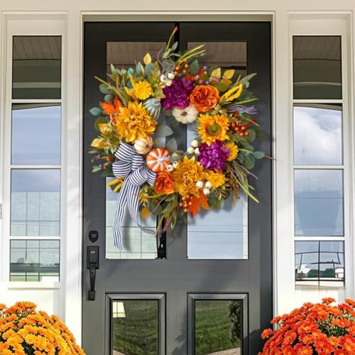 24 Inch Artificial Fall Wreaths for Front Door Outside with Striped Bow