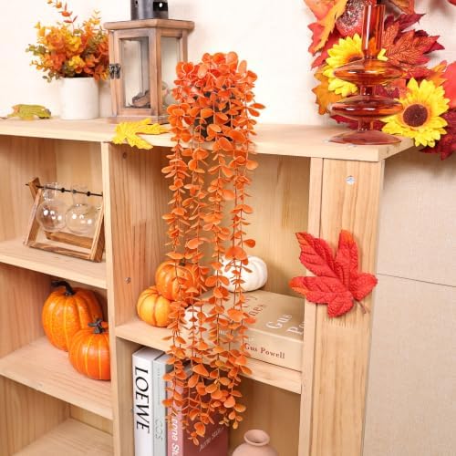 Der Rose 1Pcs Fake Fall Plants Hanging Orange Artificial Potted Faux Eucalyptus Plant Decorations for Fall Thanksgiving