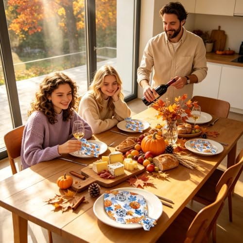Fall Pumpkin Cloth Napkins Set of 4, Blue White Chinoiserie Dinner Napkins 18x18 Inch, Reusable Fabric Napkins with Maple Leaves for Thanksgiving Table Decor, Autumn Farmhouse Table Setting