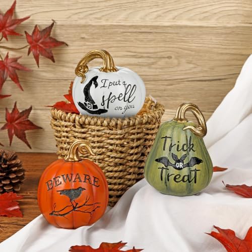 DILATATA Fall Pumpkins Decoration 3Pcs Resin Pumpkins Thanksgiving Fake Pumpkin Figurines Small Carved Pumpkin for Home Harvest Halloween Thanksgiving Rustic Farmhouse Table Centerpiece Shelf Mantel