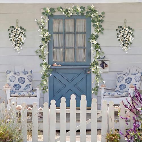 Pinkpum 20'' Eucalyptus Wreath 22'' Daisy Teardrop Swags Set 4 for Front Door Fireplace Hanging Porch Wall Home Window