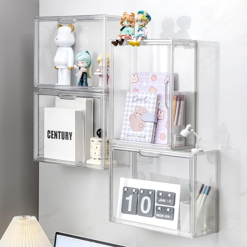 BOHOIDEE 3 Tiers Clear Display Case for Figures, Acrylic Storage Organizers Box with Magnetic Door, Wall-Mounted