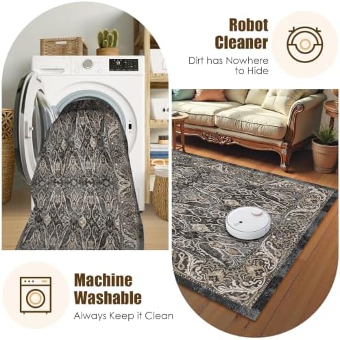 Washable Area Rug 8' x 10' Vintage Traditional Persian Mat - Foldable Distressed Non-Slip Machine Washable Carpet for