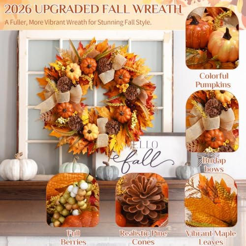 Fall Wreaths for Front Door Outside, 2 Pack Fall Door Wreath, 20 Inch