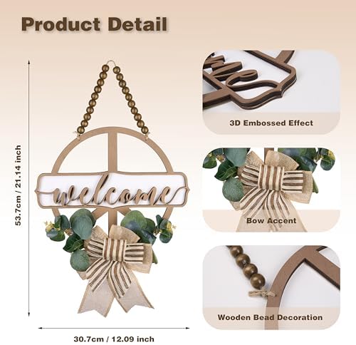 CondorPasea 12 Inch Round 3D Welcome Door Sign, 0.4" Thick Solid Wood Front Door Welcome Sign with Artificial Greenery