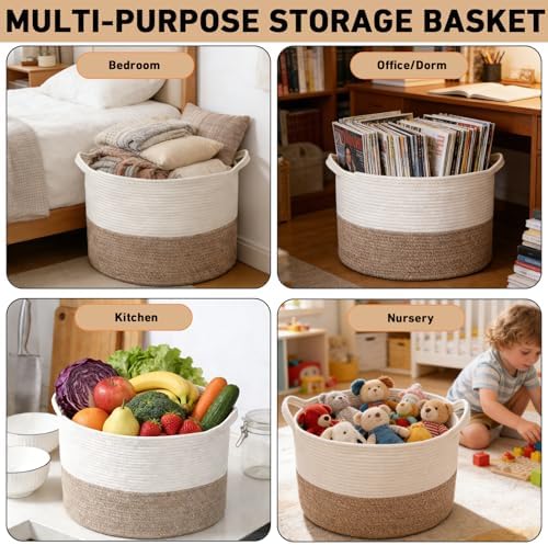 Large Woven Blanket Basket,65L Cotton Rope Laundry Basket