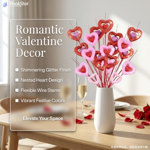 6PCS Valentine Day Decorative Floral Picks, Glitter Heart-Shaped Decorative Picks for Vases, Glittering Red and Pink Romantic Vase Fillers for Weddings, Anniversaries, Home & Table Decor​