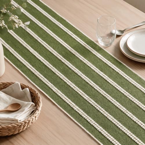 Artoid Mode Army Green Farmhouse Dashed Stripe Table Runner, Seasonal Holiday Boho Rustic Kitchen Dining Table Decoration for Home Party Decor 12x72 Inch