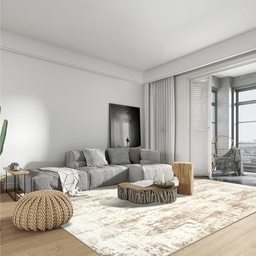 8x10 Area Rugs for Living Room: Washable Abstract Beige Grey Badroom Carpet