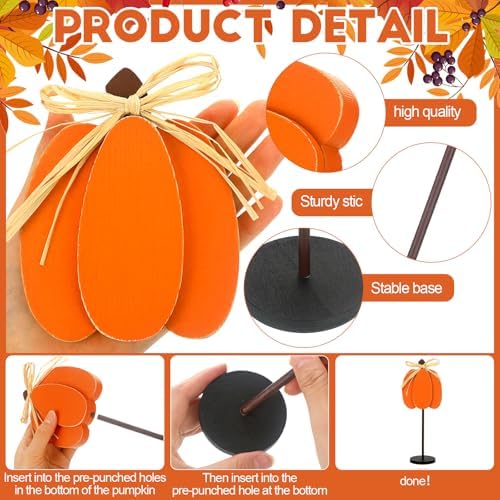 Thyle 3 Pcs Fall Pumpkin Decor, Wooden, Orange, Green, White