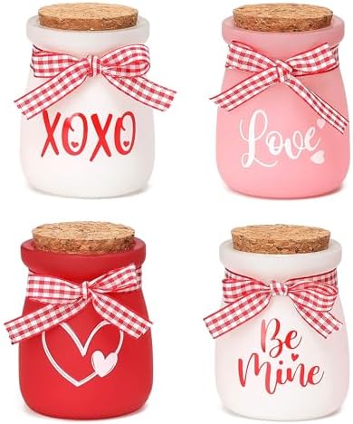 4 Pcs Valentines Day Tiered Tray Decor, Mini Mason Jars for Valentines Table Decor, Valentines Gift for Women, Small Valentines Day Decorations for Home, Office, Tiered Tray, Desk, Shelves
