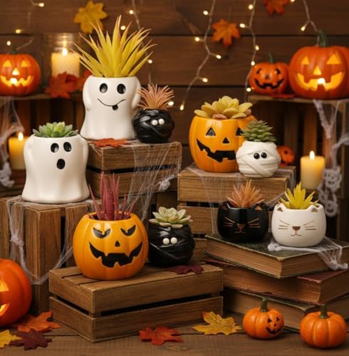 DoubleFill 8 Pcs Halloween Ceramic Succulent Planters Small Flower Pots