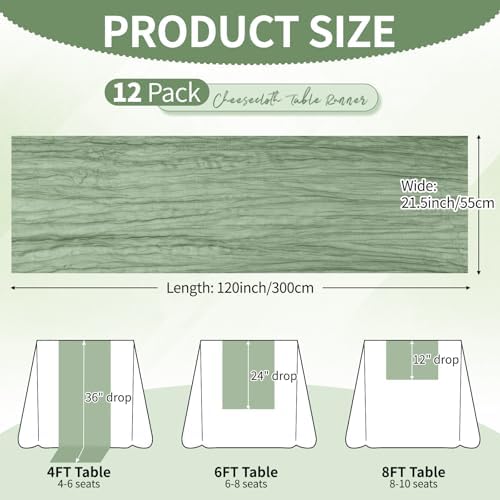 12 Pack Sage Green Cheesecloth Table Runner 10Ft, Gauze Table Runners 21.5 x 120 inch,Semi Sheer Cheese Cloth Fabric Runner Bulk for Wedding,Party,Baby Shower,Bridal Shower