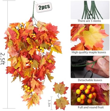 RECUTMS Fall Leaves Hanging Plant Artificial Fall Leaves Garland with Berry