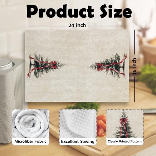 Red Bow Christmas Wreath Tree Kitchen Dish Towels 16x24, Set of 2