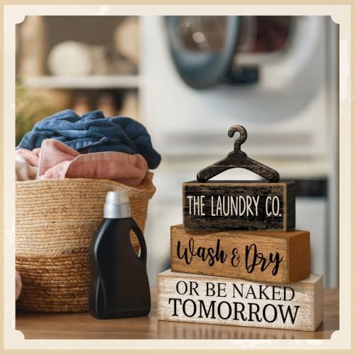 Moucuny 4 Pcs Farmhouse Laundry Room Decor Stacked Blocks Rustic Home Decor