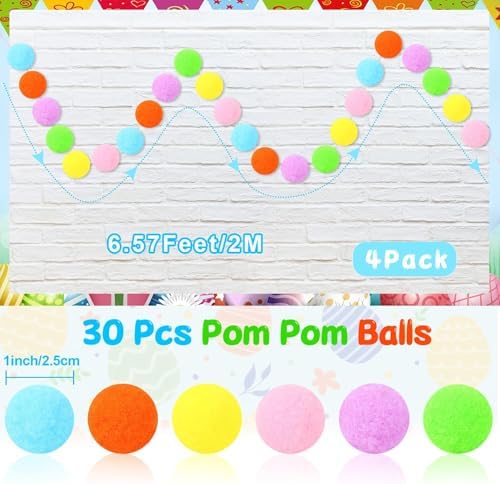 MARFOREVER 4 Pack 26.3 FT Easter Pom Pom Garland Colorful 30 Balls