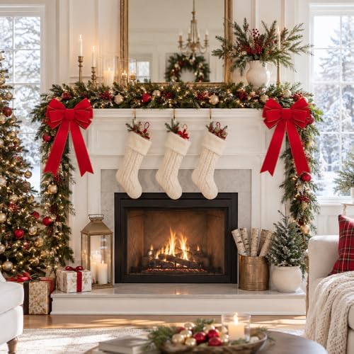 6 Pcs Golden Edged Red Velvet Tree Topper Bows, Large Christmas Wreath Bows