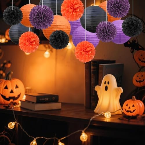 18 PCS Black Orange Purple Paper Lanterns & Tissue Paper Pom Poms for Halloween Birthday, Wedding, Hanging Paper Party Decoration Set for Indoor Outdoor Fall Celebration