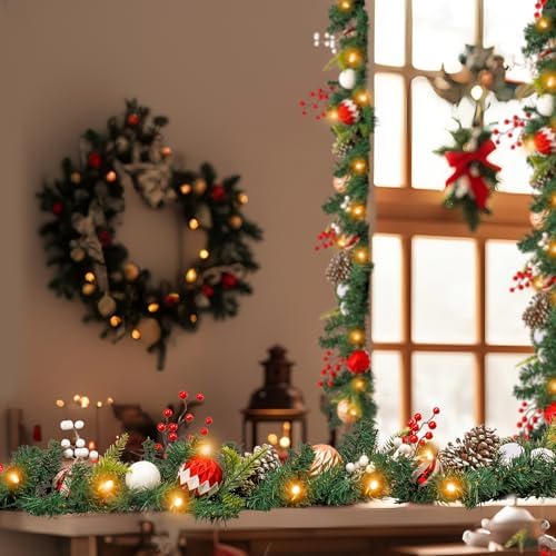 MUMTOP Christmas Garlands Decoration, 6 FT Battery Operated Christmas Garland with LED Light and Pine Cones Red Berries Candy Christmas Ball for Front Door Fireplace Mantel Table Window Home Decor