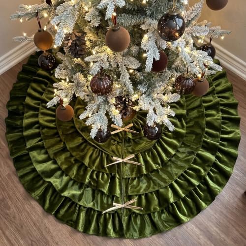 Velvet Christmas Tree Skirt, 48 Inches, 5-Tier Ruffle, Olive Green