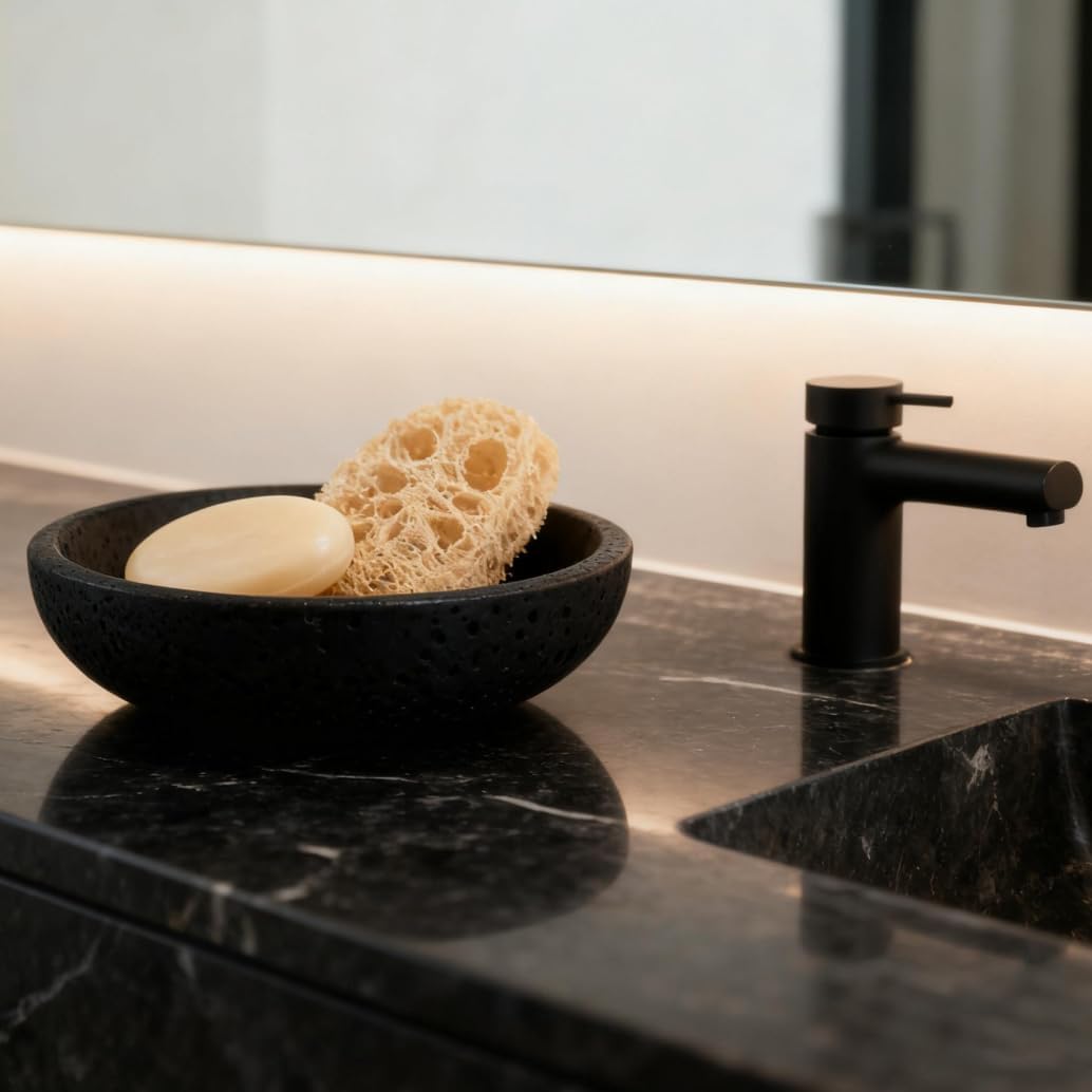 7.8" Natural Stone Centerpiece Bowl for Modern Home Decor / Black