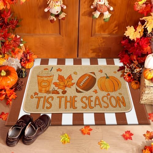 Tinideya 2 Pcs Fall Football Door Mat Outdoor Autumn Pumpkin Welcome Mat