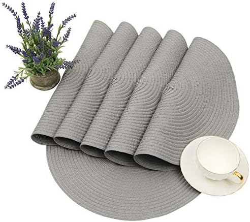 SHACOS Round Braided Placemats Set of 8 Washable Fabric Heat Resistant 15 inch Grey Round Table Mats for Dining Tables (Gray, 8)