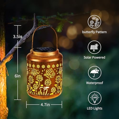 Brizled Butterfly Solar Lantern Lights 2 Pack, Warm White Christmas/Birthday Gift for Women Mom Grandma, Waterproof Hanging Solar Butterfly Lights, LED Lanterns for Garden Patio Path Tabletop Decor