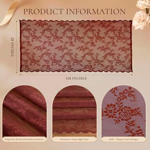 Terracotta Lace Table Runner with Floral Embroidered(3pcs 28”x118”)