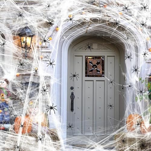 1000 sqft (0.67 Pound) Halloween Spider Webs Decor, Halloween Decorations with 60 Fake Spiders, Super Stretch Cobwebs Spider Webs for Holiday Indoor and Outdoor Party Supplies