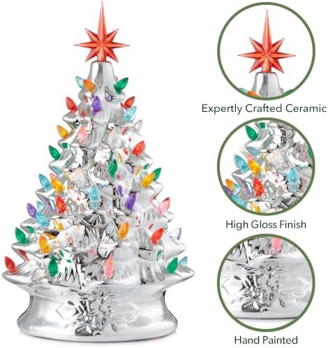 Casafield Hand Painted Ceramic Christmas Tree, Silver 15-Inch Pre-Lit Tree with 128 Multi Color Lights and 2 Star Toppers