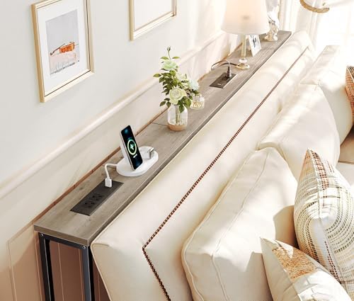 SUPERJARE 78.8 inch Narrow Behind Couch Table with 2 Charging Stations