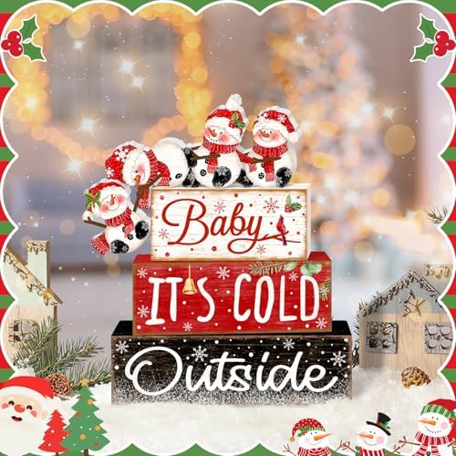 Britimes Tiered Tray Decor Set, 4 Pack, Wooden Table Sign, Snowman