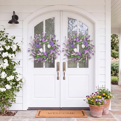Sggvecsy Spring Summer Wreath for Front Door 22 Inch Artificial Purple Flower Wreath with Tulips Greenery Leaves Lavender for All Seasons Home Farmhouse Indoor Outdoor Wall Decor (Purple)