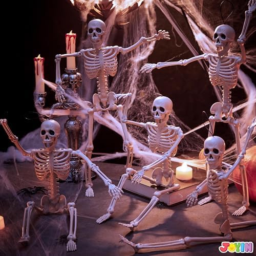 JOYIN 6 PCS 16" Halloween Skeleton Decor, Full Body Posable Movable Joints, Hanging Skeletons for Halloween Decoration Indoor Outdoor, Graveyard Haunted House Prop, Spooky Scene Party Favor