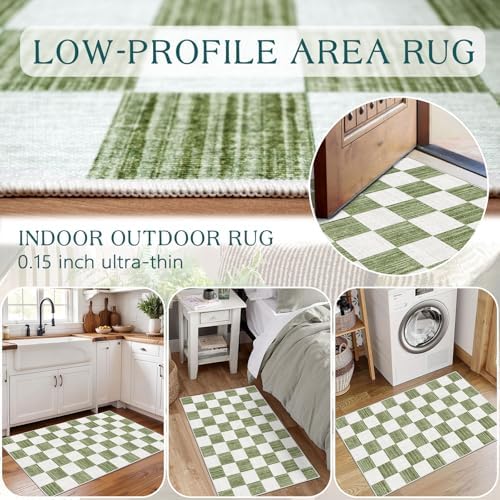 Front Door Mat Outside Entrance 2x3 Green White Checkered Rug