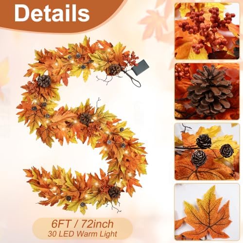 6FT Fall Garland with 30 Warm Lights & Timer & Gradient Maple Leaves