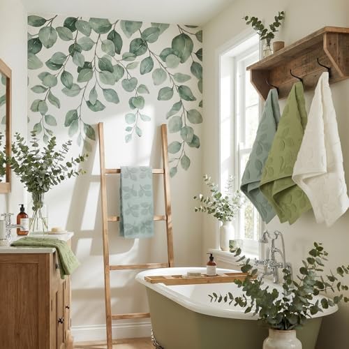 Remagr 3 Pcs Eucalyptus Hand Towels Cotton Jacquard Sage Green Bathroom