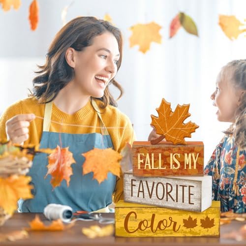 Lineshading 4 Pcs Fall Wooden Block Signs Farmhouse Tabletop Maple Leaf