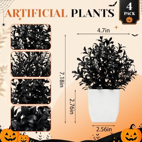 Der Rose 4 Pack Black Artificial Plants for Indoor Halloween Decor