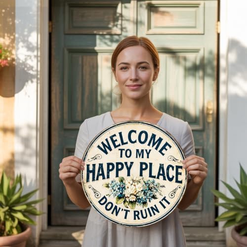 Welcome To My Happy Place Wooden Hanging Sign for House Front Door, Rustic Welcome Sign for Porch Garden Patio Farmhouse