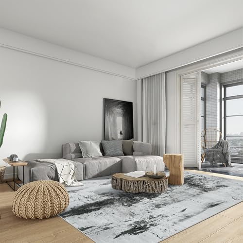 10x14 Area Rugs for Living Room: Washable Abstract Black White Grey Carpet