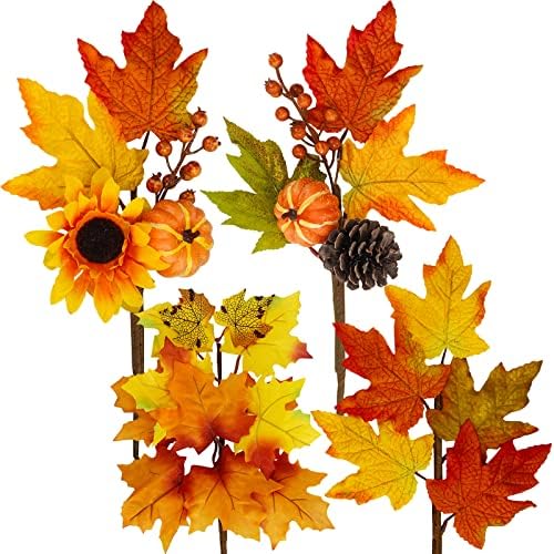 Winlyn 8 Pcs Assorted Artificial Maple Leaf Branches Faux Fall Picks and Sprays with Pumpkins Sunflower Heads Pine Cones Berries for Farmhouse Fall Thanksgiving Floral Arrangement Centerpiece Wreath
