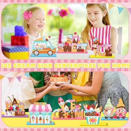 Marsui 12 Pcs Summer Ice Cream Wood Table Decor, Tiered Tray Signs