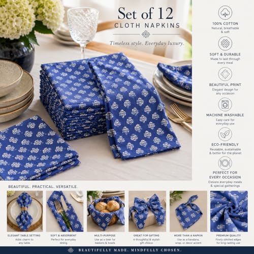 TARAN LIVING 100% Cotton Printed Cloth Napkins Reusable Fall Dinner Napkins Floral Fabric Napkins Set of 6 Machine Washable for Events, Gift, Home Decor - 18"x18" - Blue
