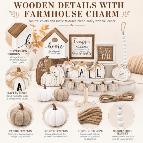 Reallnaive 18 Pcs Fall Thanksgiving Tiered Tray Decor Set Pumpkin Wood Sign Hello Fall Rustic Farmhouse Tray Decoration Tabletop Sign for Autumn Home Kitchen Festival (Neutral)
