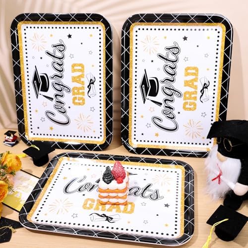 JarThenaAMCS 3Pcs Graduation Serving Trays 13 x 10 Inch Bachelor' s Hat Diploma Glitter Reusable Melamine Platter Congrats 2026 Grad Serving Dishes for Graduate Party Sharing Snacks Fruit Dessert