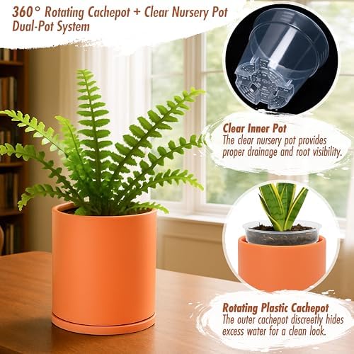 D'vine Dev Double-Layer Self-Draining Planter Set – Rotating Plastic Outer Pot with Clear Inner Liner for Root Health, Perfect for Indoor Plants, 4.5", Set of 2, Pumpkin, 73-V-E-1