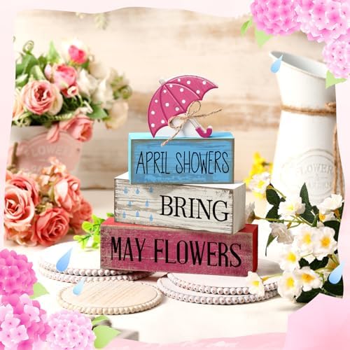 Moucuny 4 Pcs Spring Wooden Block Signs Farmhouse Table Decoration